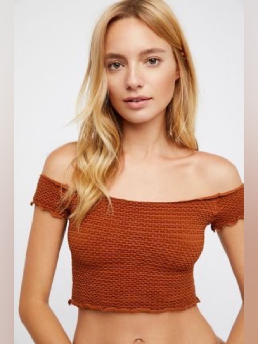 Free People Intimately Rust Smocked Off the Shoulder Crop Top Lettuce Trim XS/S